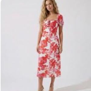 WAYF Floral Puff Sleeve Midi Dress XL NWT Sweetheart Neck Red Pink